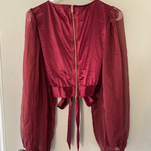 Red Wrap Satin Top; Waist Tie; Puff Mesh Sleeves | size: L - Picture 4 of 5